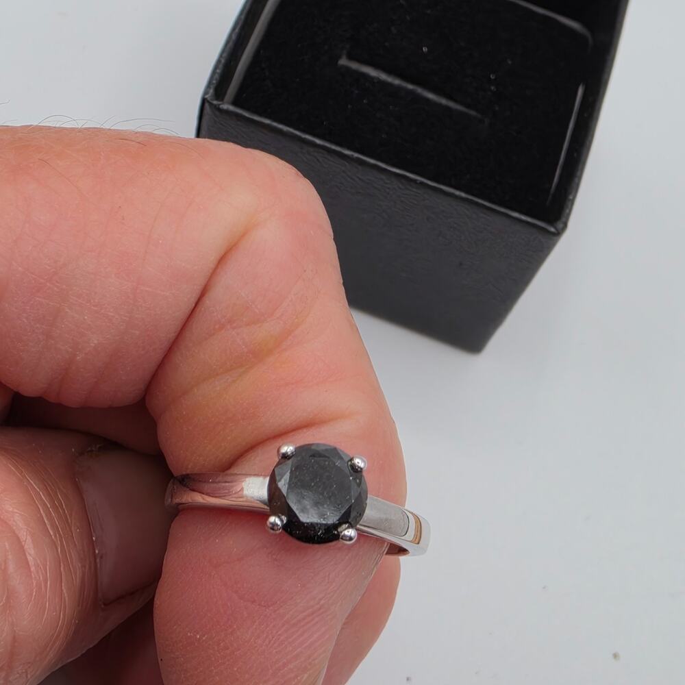 Silver Tone Black Faceted Stone Solitaire Ring Prong Set Cocktail Jewelry Size 7